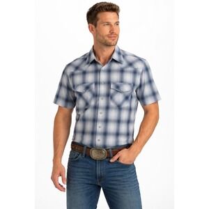 Clockhouse Western Plaid Pearl Snap Shirt Mens‎ Medium Blue Short Sleeve